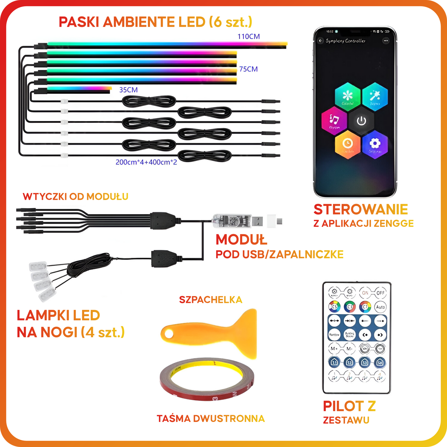 Ambiente Led na USB 6 szt. – do wszystkich aut